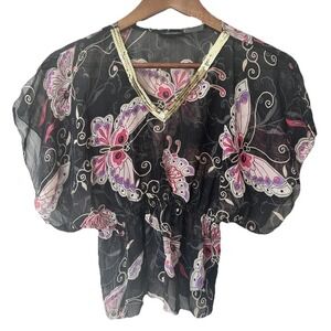 Y2K Mary Kate and Ashley Blouse Sheer Butterfly Juniors Small (6/6x) Sequins